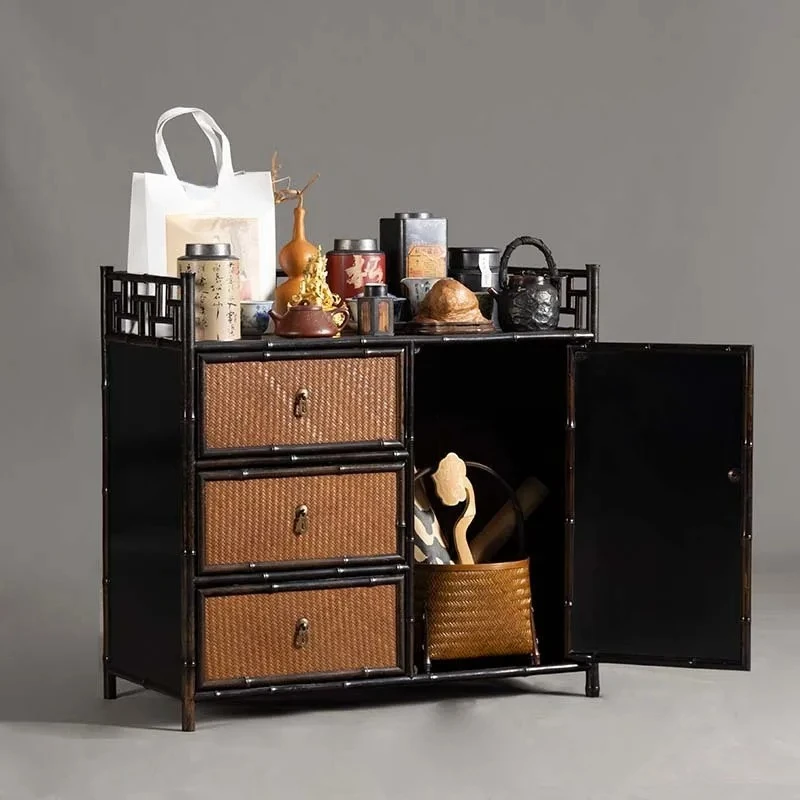 Cabinet, Handmade Lacquered Purple Bamboo Set, Tea Storage Cabinet, Table Side Cabinet, Small Side Table of Room