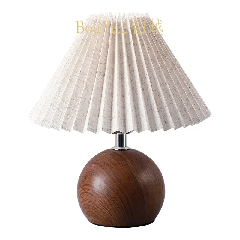 Retro Wood Grain Pleated Table Lamp Nordic Creative Bedroom Dimming Bedside Light Warm Romantic Aesthetic Decor
