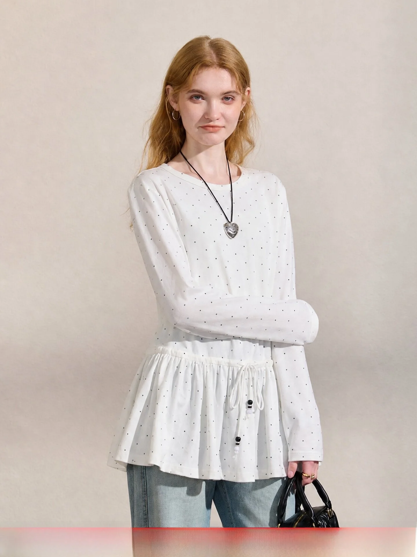 Comfortable Long Sleeve T-Shirt Casual Outfit Gathered Hem Slimming Versatile Sweet Top for Autumn Traveling Polka Dot Knitwear