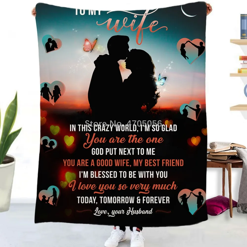 Fleece Blanket for My Wife Cartoon Wolf Pattern Quilt Virtual Head Blanket Positive Encouragement And Family Love Gift