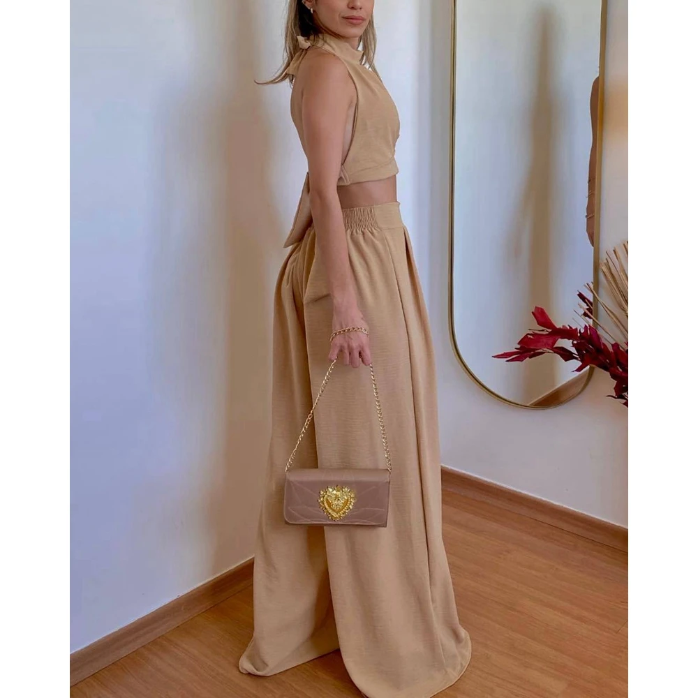 Women Halter Backless Ruched Crop Top & High Waist Wide Leg Pants Set Causal Two Pieces Sexy Solid Pants Suit Summer Clothing