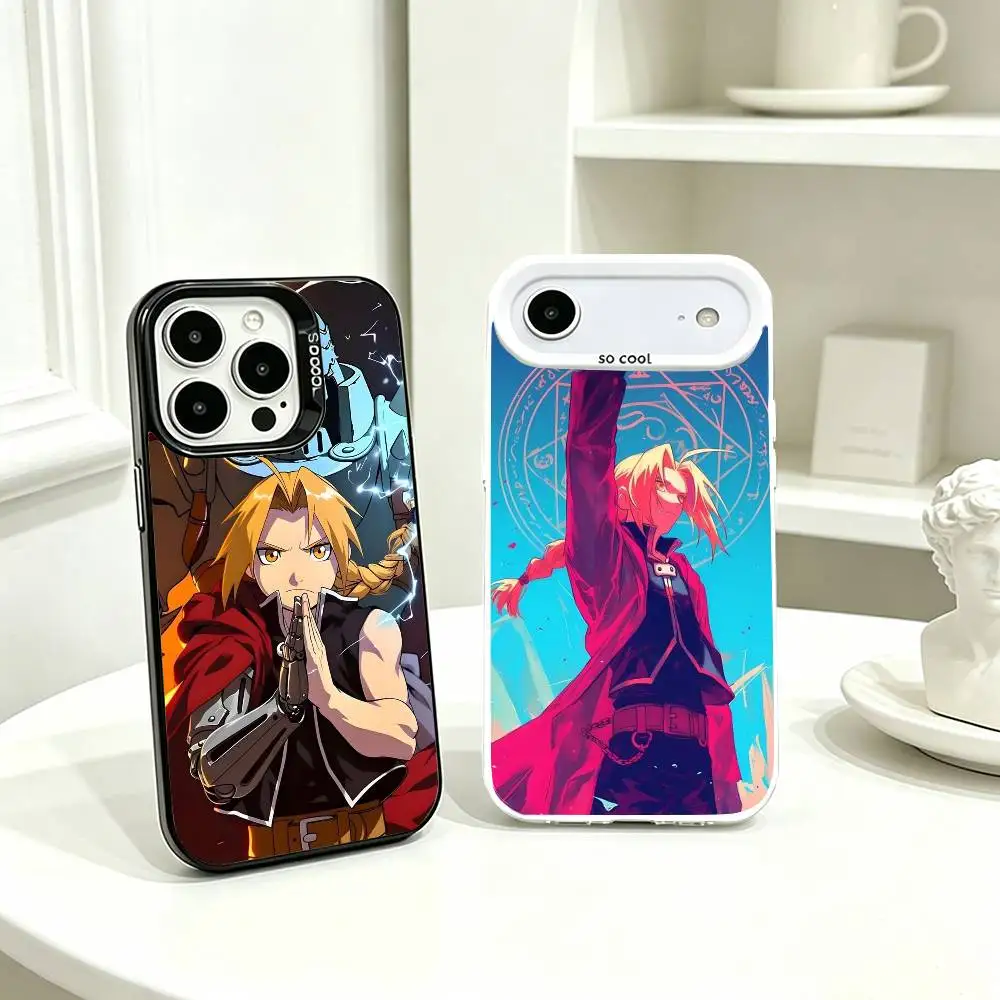 Coque de téléphone Anime Fullmetal Alchemist Edward Elric pour iPhone 17, 16, 15, 14, 13, 12 Plus, Pro Max, XS, grise, colorée, plaquée, avec protection intérieure