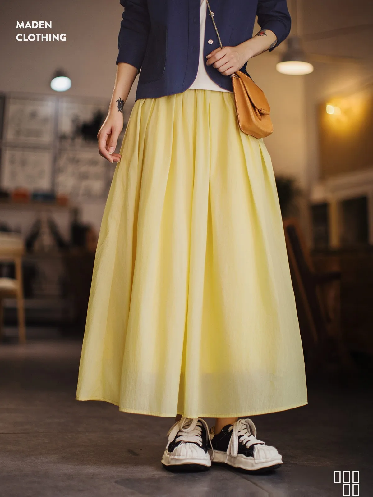 

Maden Yellow Elastic Waist Lightweight Breathable Long Me Skirt A-Line Pleated Umbrella Skirt Women Summer Midi Skirt