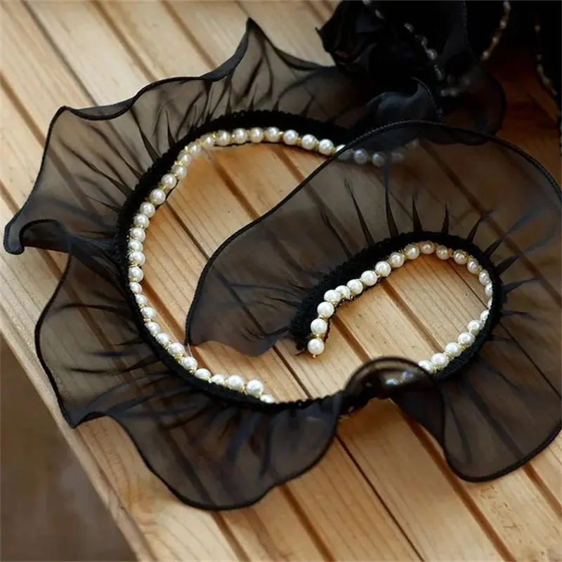 6.5CM Wide Tulle White Black Organza Pearl Wave Neckline Lace Collar Cuff Beads Ruffle Trim Ribbon Dress Clothes DIY Accessories