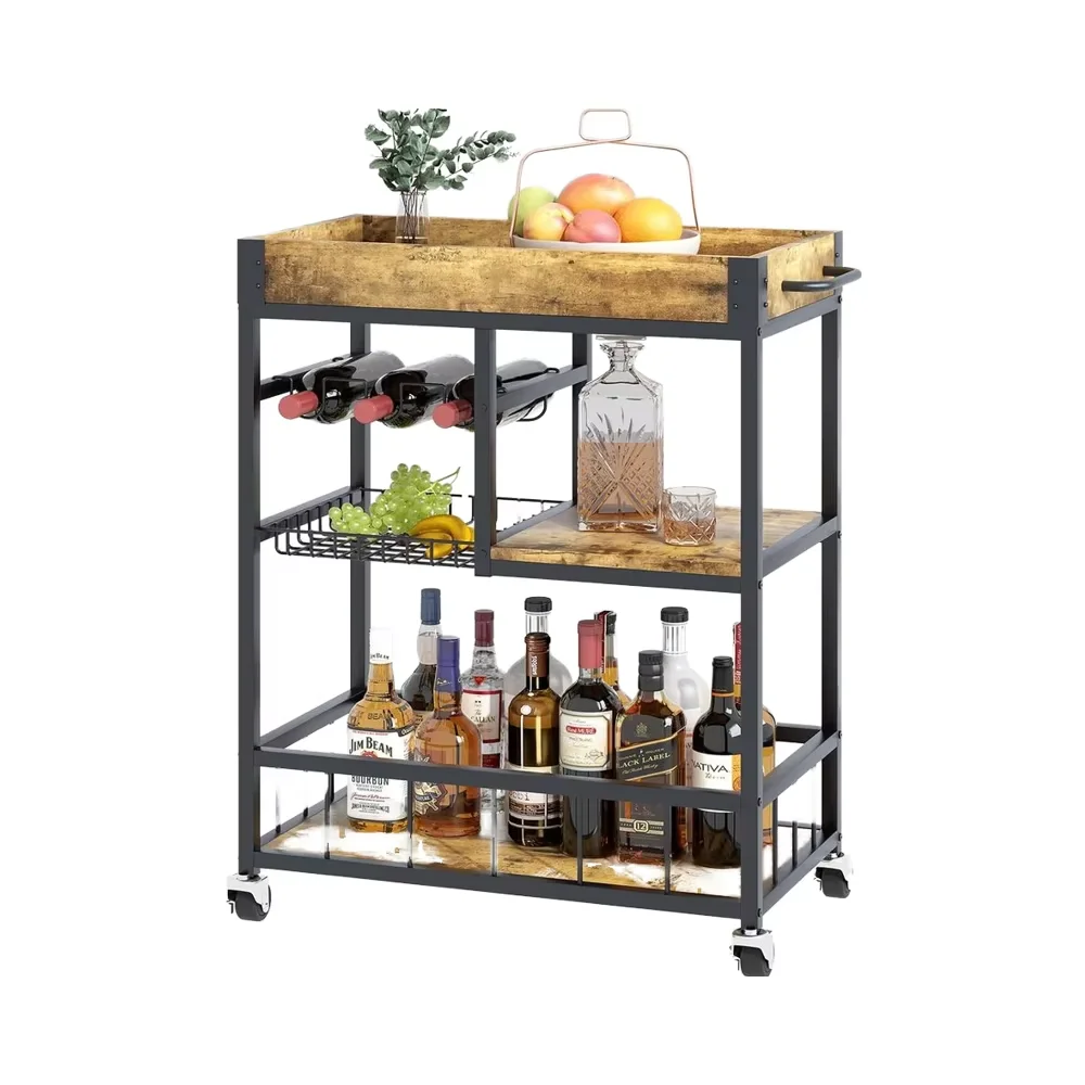 3-Tiered Vintage Style Wood Metal Bar Cart Mobile Kitchen Industrial Rolling Wine Rack Wheels Glass Holder Home Serving