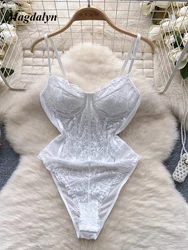 Magdalyn-body de encaje Floral transparente para mujer, body Sexy, elástico, transparente, ajustado, una pieza, combinación de medias