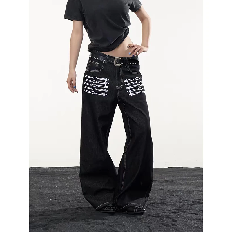 ZHIZOU Autumn Women Baggy Jeans Goblin Core Denim Pants Dark Academia Y2K Japanese Harajuku Jeans Punk Tide Hip-pop 2000s Design