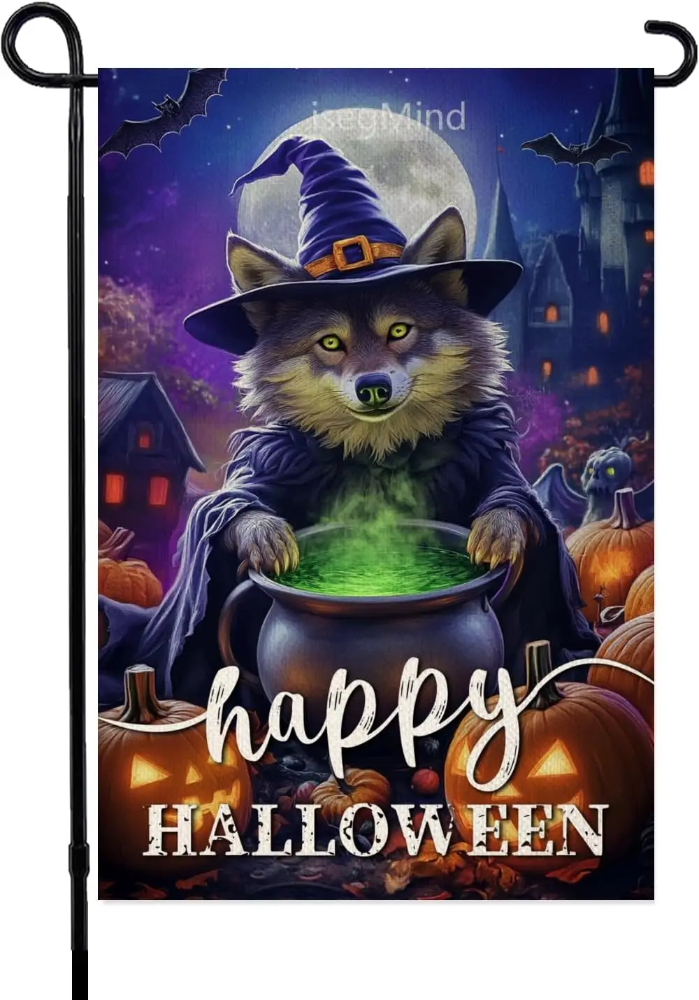 Happy Halloween Wolf Pumpkin Garden Flag 12x18 Double Sided for Outside, Wolf Fall Autumn Witch Hat Small Burlap Yard Flag ( zzo