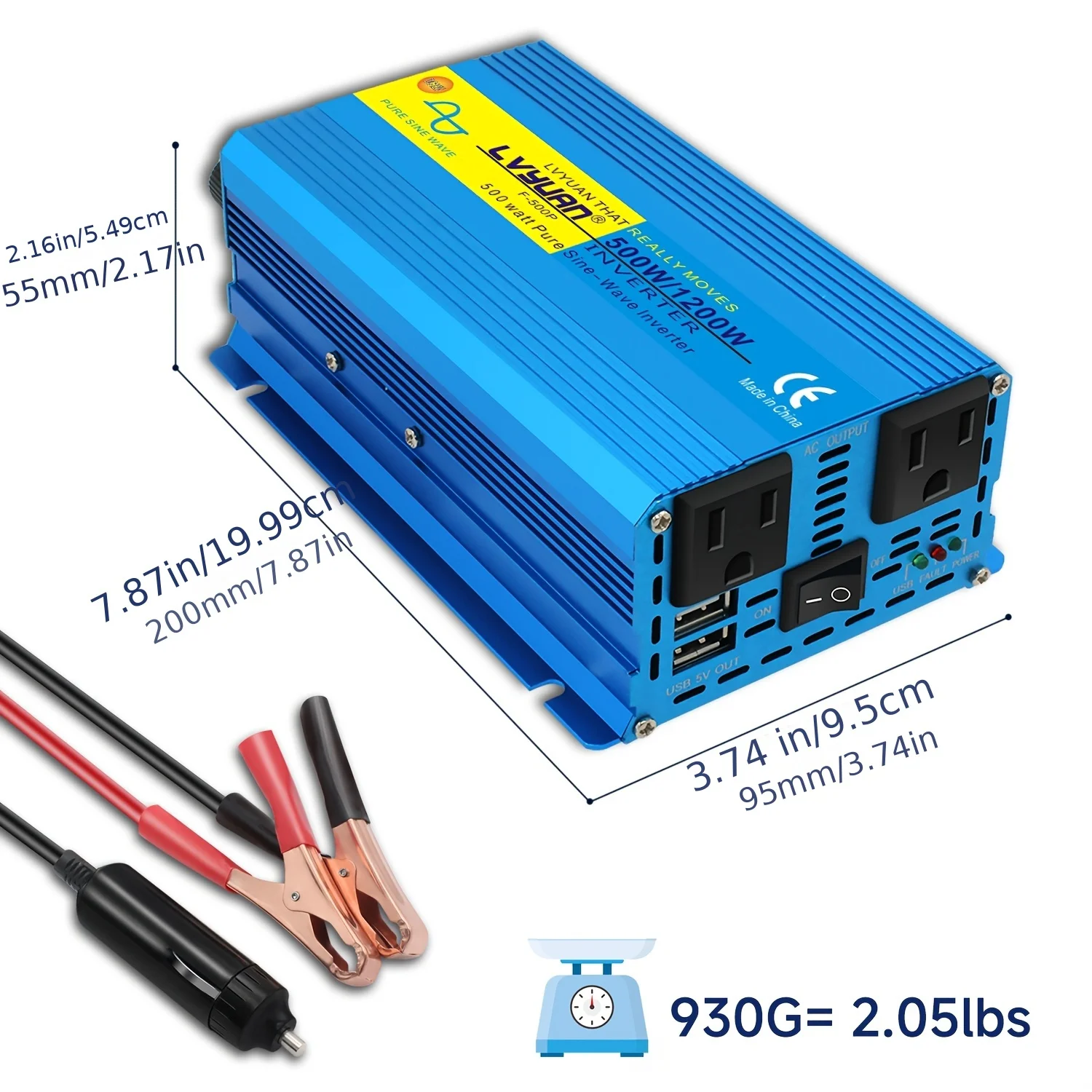 

Pure Sine Wave Car Power Inverter 1200W (Peak)/500W Vehicle Power Inverter 12V to 110V US Standard Socket Transformer, Vehicle And Marine Universal Portable Automatic Power Adapter, 24V Car Additions, Without Battery