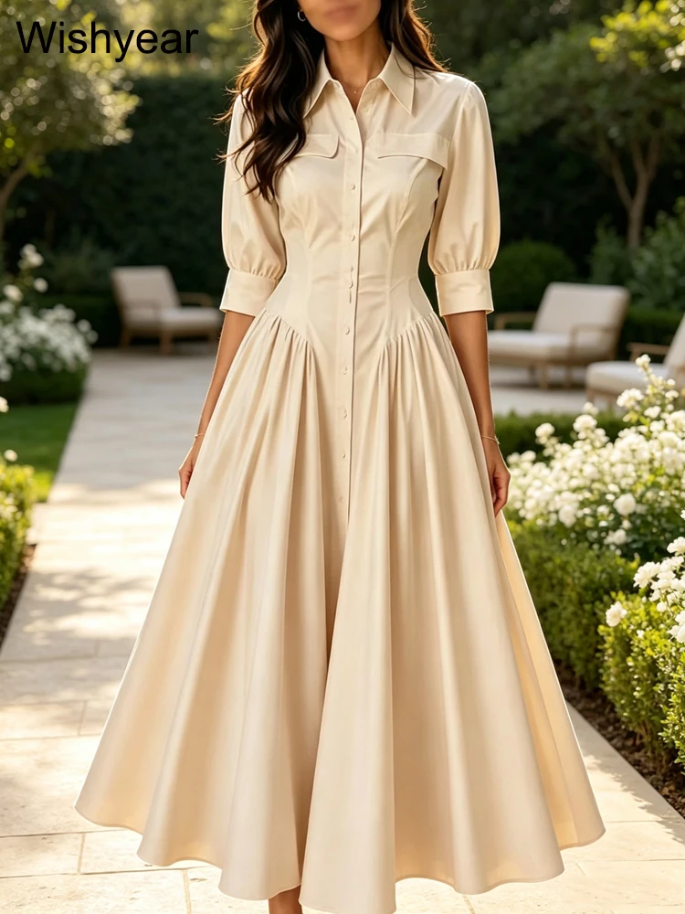 Wishyear Elegant Shirt Dress for Women Half Sleeve Collared Button Front High Waist Flared Midi Dresses Church Wedding Guest