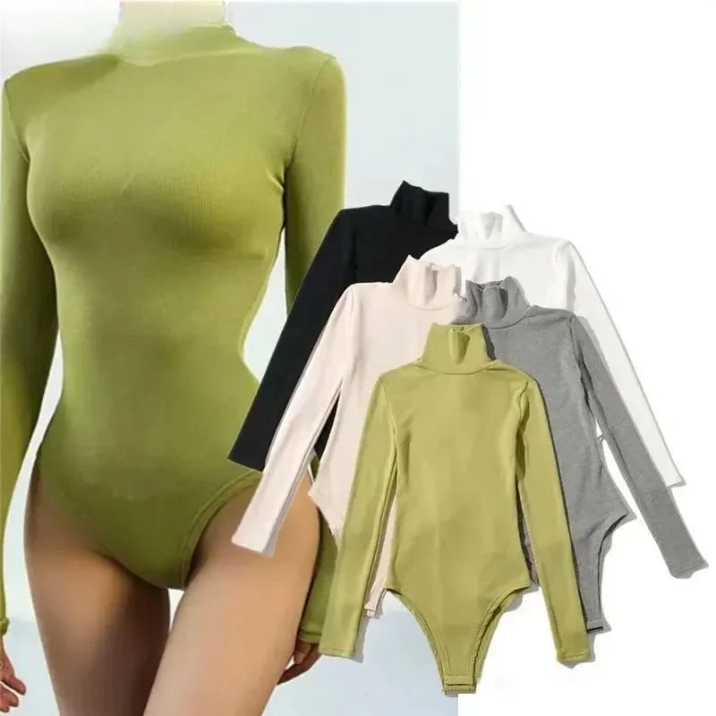 Stretch Jumpsuit Sexy Thread Turtleneck Long Sleeve Snap on One-pieces T-Shirt Slim Fit Warm Bottom Shirt Y2k Bodysuit Lingerie