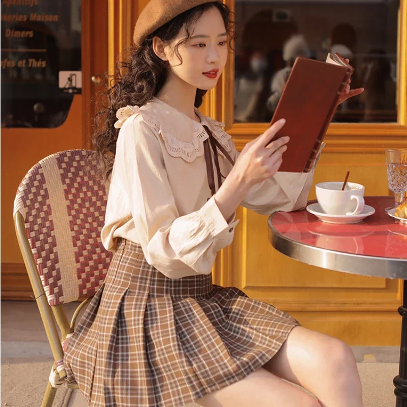 Chiffon Shirts Women Peter Pan Collar Bow Long Sleeve Lovely Japanese Style Sweet Blouses 3XL Solid Fashion Mujer Chic College