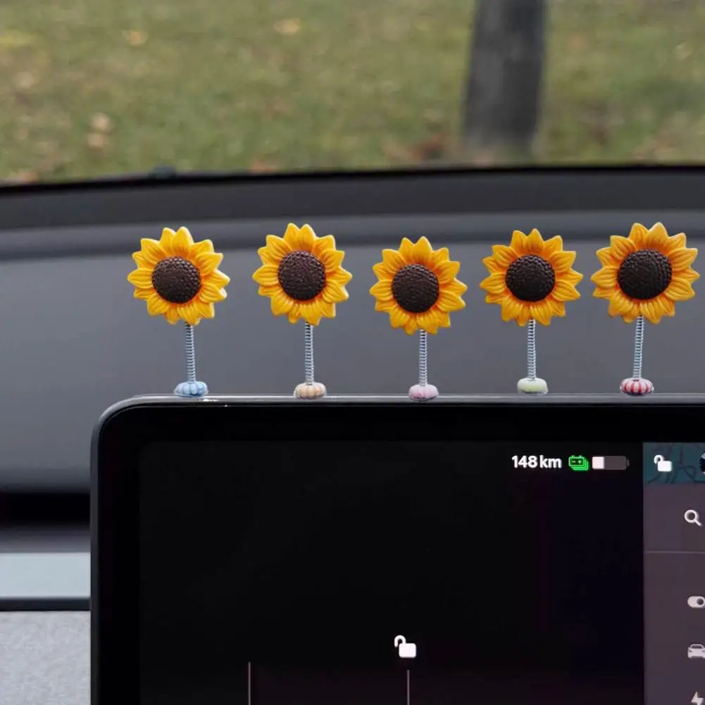 Spring Swaying Ornaments 5pcs Sunflower Car Dashboard Decor Set Resin Spring Wobbly Flower Ornaments with Non-slip for Office
