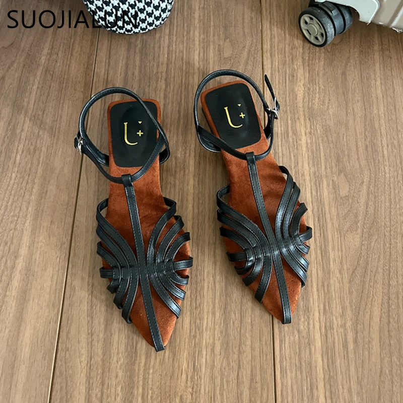 SUOJIALUN 2024 Summer New Brand Women Sandal Fashion Narrow Band Ladies Elegant Slingback Sandals Flat Heel Dress Mules