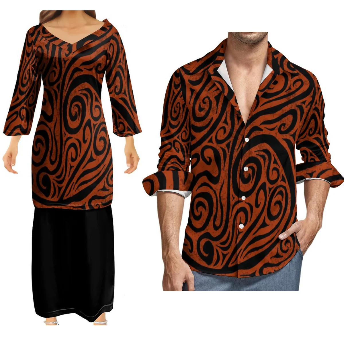 2023 Women'S Long-Sleeved Dress Puletasi Dress Polynesian Tribal Design And Men'S Long-Sleeved Shirt Couple Suit