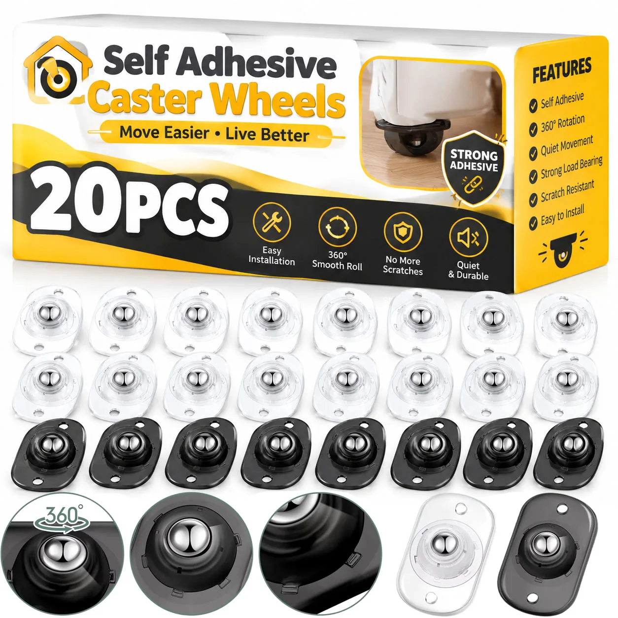 Self Adhesive Caster Wheels 360° Rotating Sticky Pulley Strong Load Ball Bearing Furniture Cabinet Mini Swivel Wheels