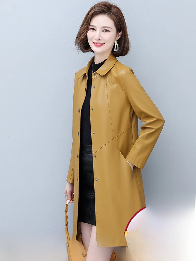 Casaco Feminino de Couro Legítimo de Ovelha, Comprimento Médio, Ajuste Slim, Estilo Coreano, Coleção Outono 2025, Elegante e Versátil, Corta-Vento de Couro S...