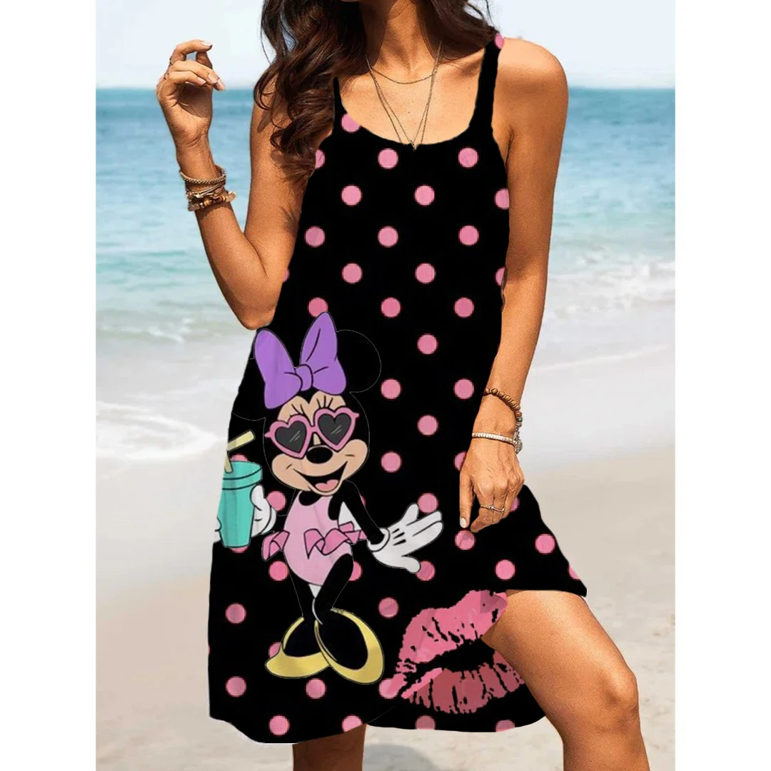 Summer Fashion Sling Print Sexy Skinny Seaside Casual Oversize Women\'s Beach Dresses Disney-Mickey Minnie Dresses for Women 2024