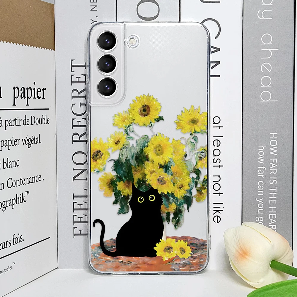 Retro Oil Painting Van-Gogh Cat Phone Case for Samsung Galaxy S24 S23 S22 S21 S20 Ultra Plus FE 5G Transparent Soft Cover Fundas