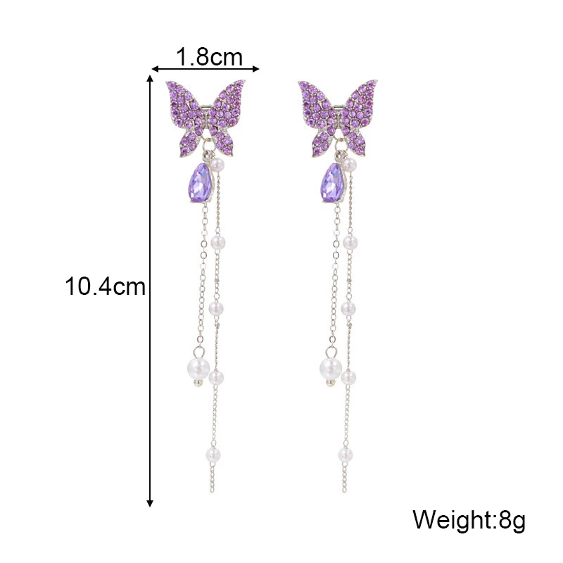 Purpule Rhinestone Butterfly Tassel Earrings for Women Imitation Pearl Beads Pendants Thread Long Hainging Earrings 2025 brincos