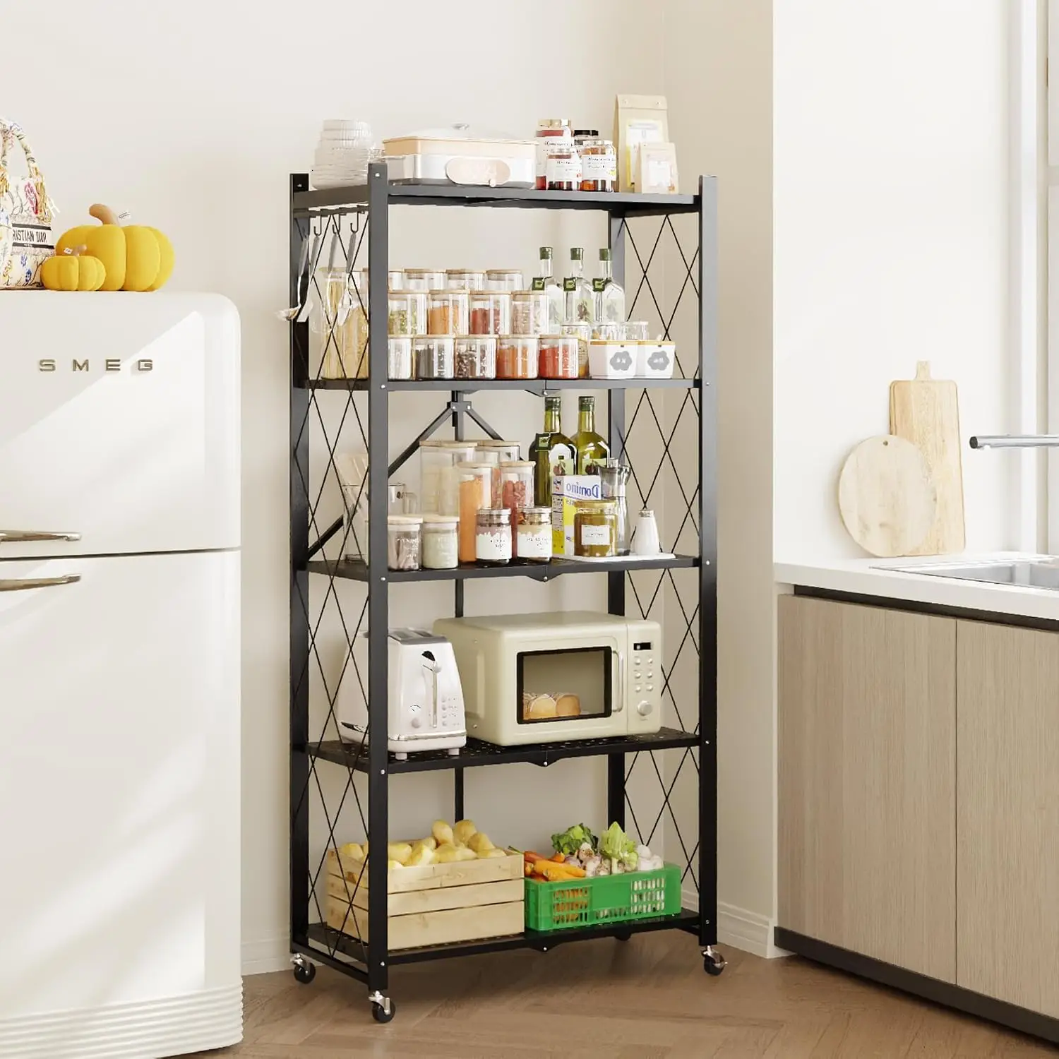 Heavy Duty Folding Storage Shelves with Wheels, Collapsible Metal Shelving Unit on Rolling Casters for Garage Kitchen Pantry Closet