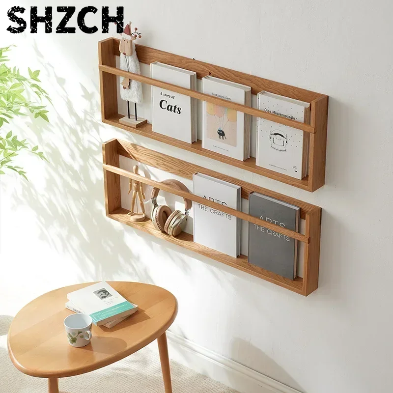 Wall-Mounted Solid Wood Bookshelf Oak Moisture-Proof Magazine Organizer for Living Room Display Stylish Storage Rack