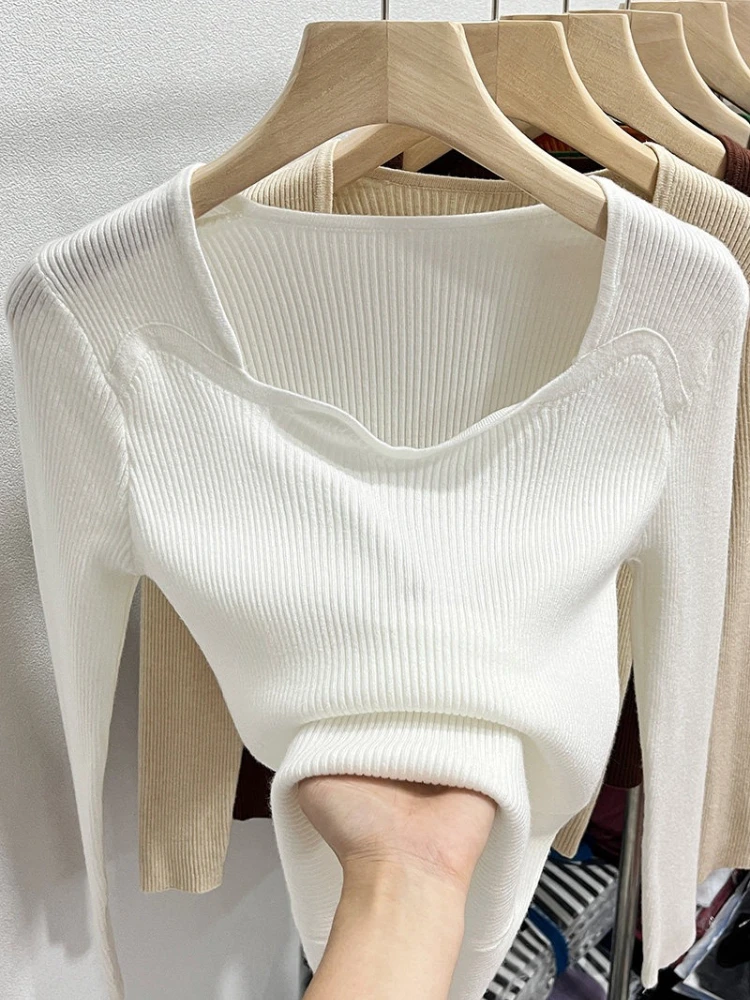 Square Neck Knit Pullover 2026 Autumn Winter Women Sweater Stylish Chic Collarbone‑Accent Design Sweater Long‑Sleeve Inner Top