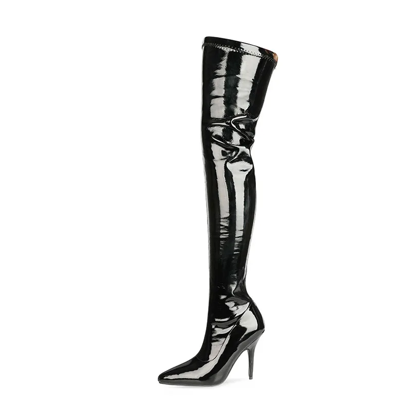 Arden Furtado 2024 Autumn Elastic PU Over The Knee Thigh High Boots Pointed Toe Side zipper Stiletto Heels Skinny boots