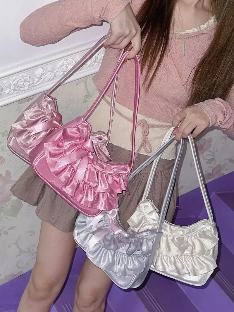 Sweet Ruffles Shoulder Bags for Women 2024 New Elegant Satin Totes Girls Chic Designed Fungus Underarm Bag Bolsas Сумка