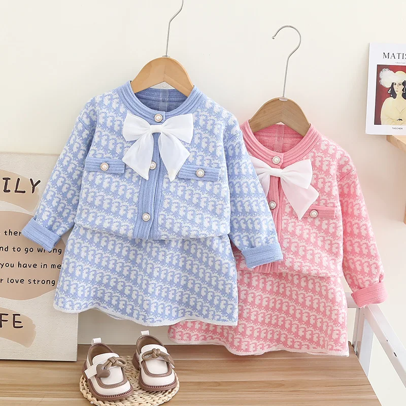 Spring Autumn 1-6Y Girls 2PCS Clothes Set Bowknot Pearl Embroidery Kid Girls Cardigan Coat Elastic Waist A-line Girls Skirt Suit