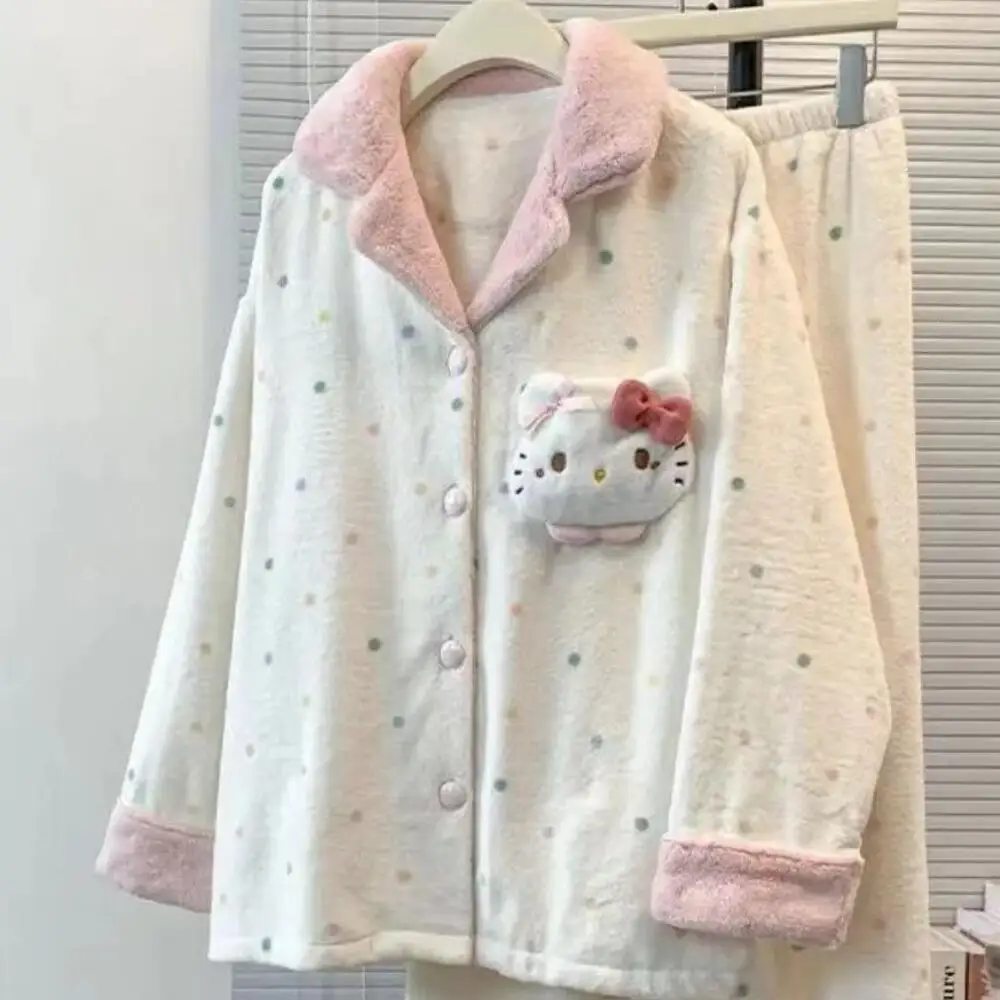 

Sanrio Hello Kitty Clothing Girls Coral Velvet Pajamas for Women Cute Cartoon Doll Polka Dot Flannel for Winter Outdoor Homewear