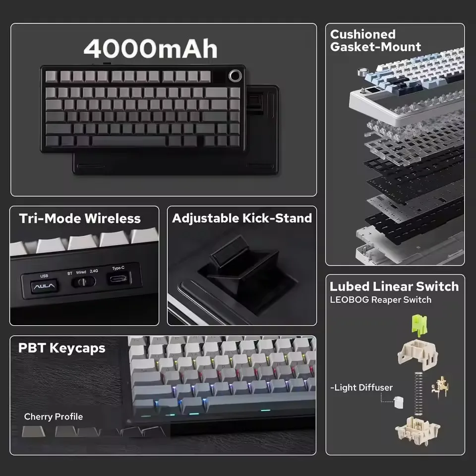 AULA F75 MAX Compact 75% ANSI Layout Wired/Bluetooth/2.4GHz Wireless Mechanical Keyboard with TFT Screen and a Knob for PC/Mac