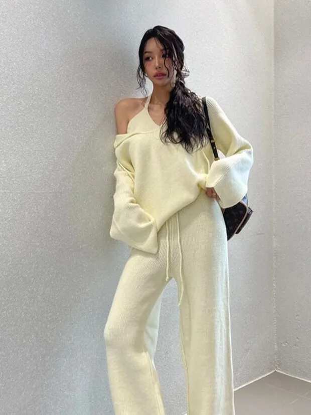 Lagenlook Style Knitted Set High Waist Wide Leg Pants Three Pieces Vest Sweater Autumn Winter New Arrival Women's Fashion