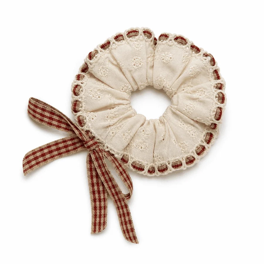 cream-red-gingham-bow-single-layer-scrunchie-embroidered-eyelet-like-fabric-handmade-hair-tie-for-ponytail-bun-daily
