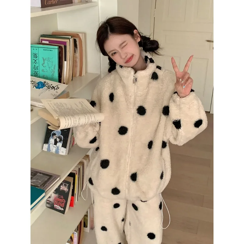 2024 New Women Winter Plus Fleece Thick Sleepwear Stand Collar Zipper Coral Velvet Pajamas Polka-dot Homewear Warm Loungewear
