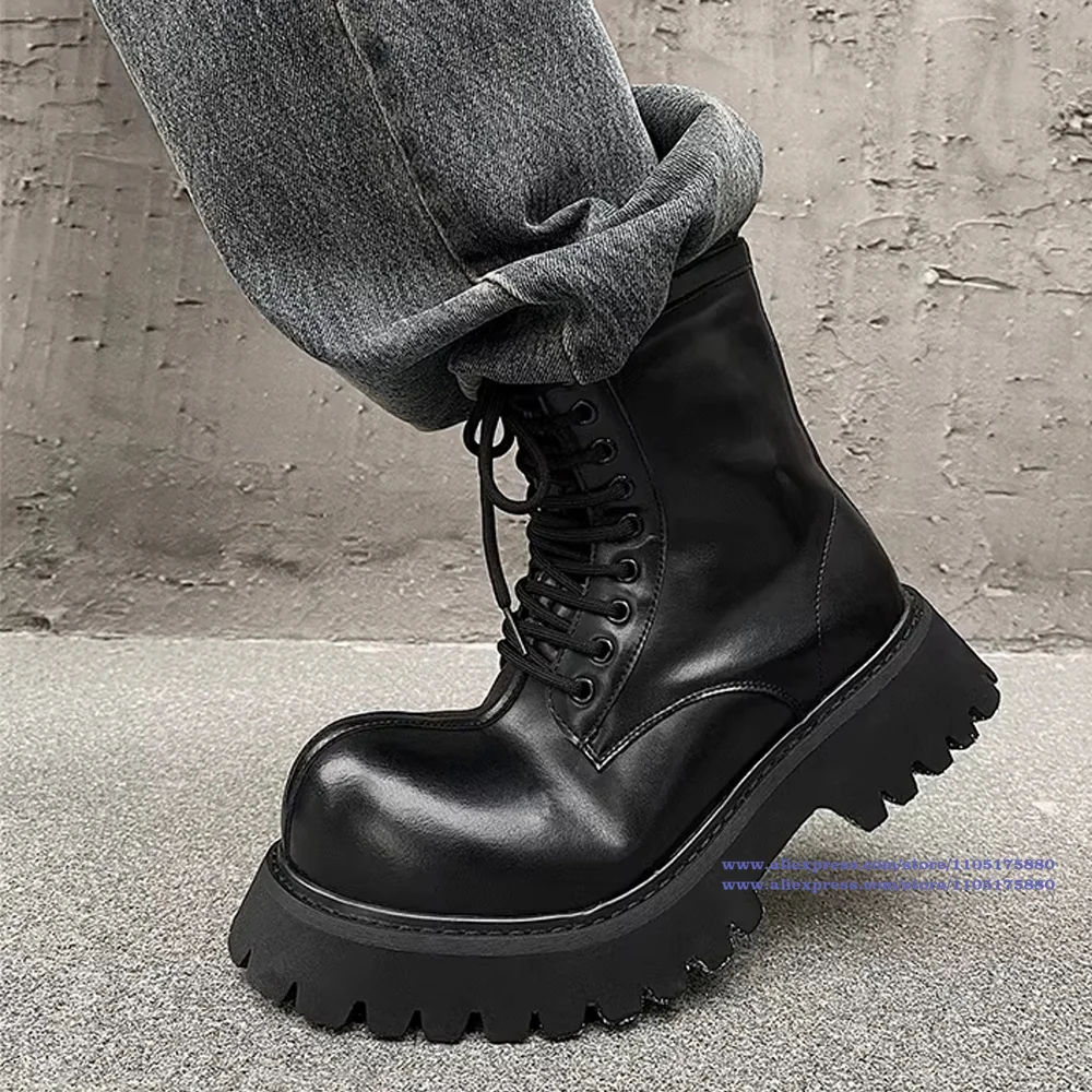 Black Leather Lace-Up Motorcycle Men's Boots Big Round Toe Thick-Soled Booties Luxury Designer Trendy Men's Boots Botas Mujer