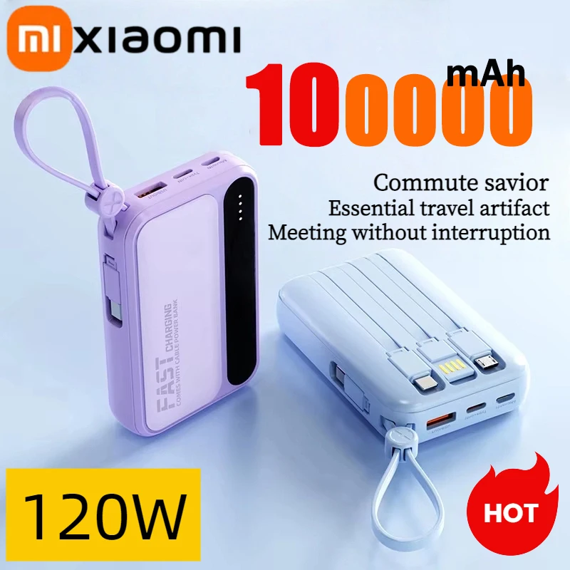 Xiaomi 100000mAh Large Capacity Power Bank Fast Charging Led Display Powerbank With Built-in 4 Cables Battery For IPhone Samsung