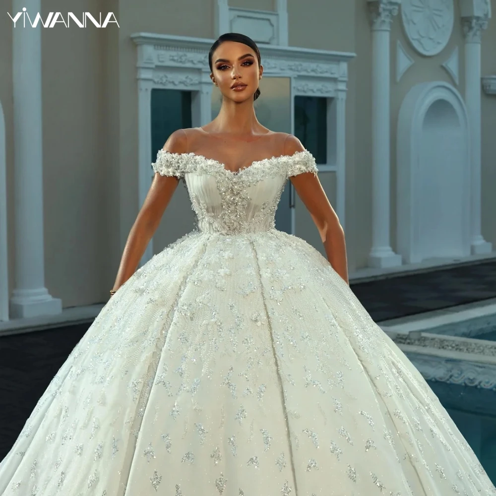 

Elegant Off The Shoulder Bride Dress Shiny Sequins Beads Wedding Gown Exquisite Ball Gown Bride Robe Customized Vestido De Novia