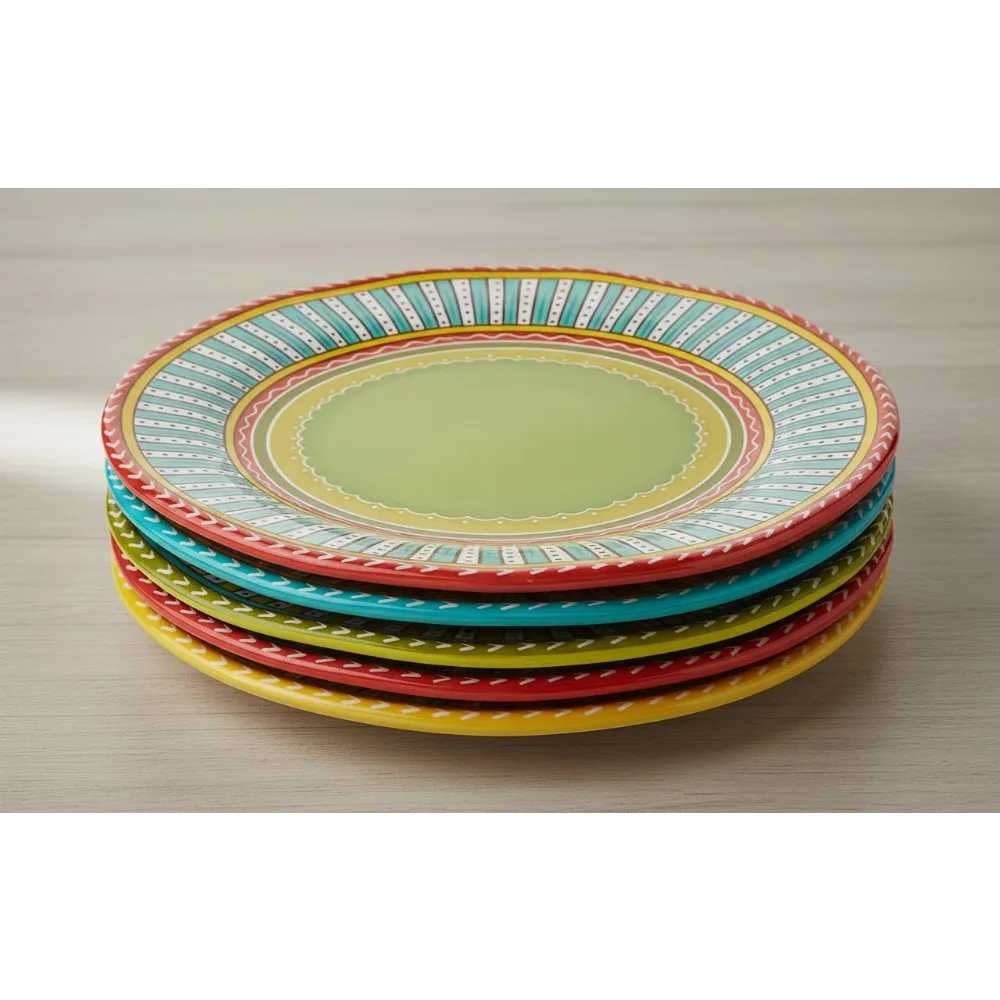 

11.25" Colorful Boho Ceramic Dinner Plates Set of 4 - Microwave & Dishwasher Safe for Indoor Outdoor Dining