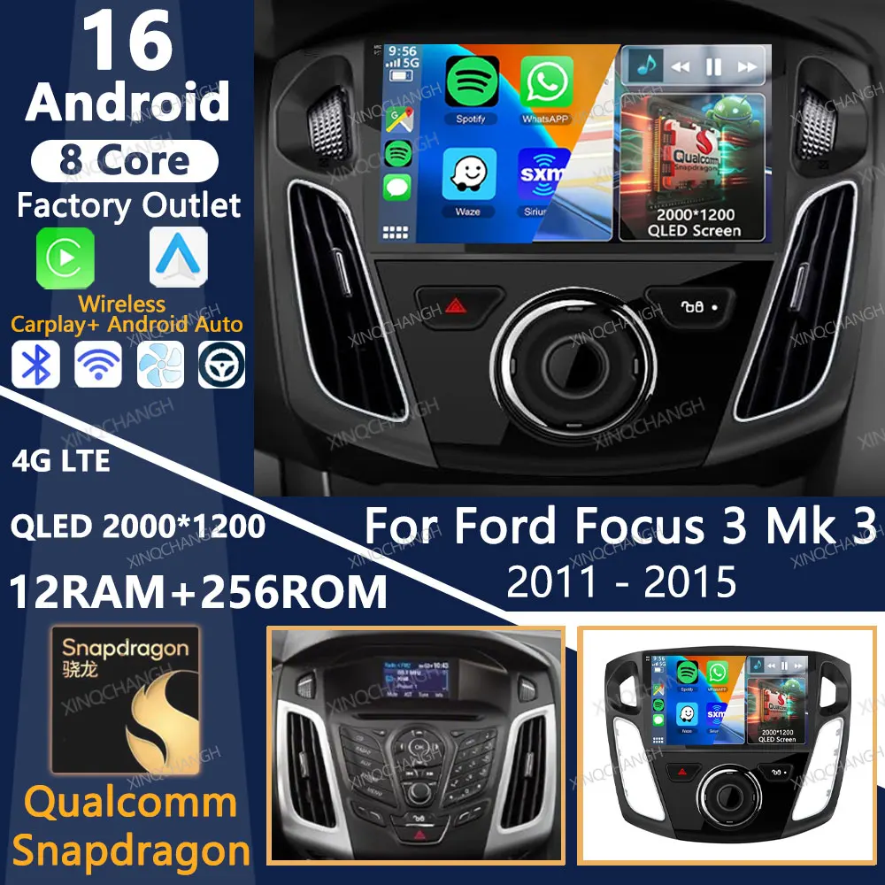 Rádio Automotivo Android 16 para Ford Focus 3 Mk 3 2011 - 2015 com Carplay Auto, QLED, Multimídia, Reprodutor de Vídeo, Unidade Central com 4G LTE e Wi-Fi 5G