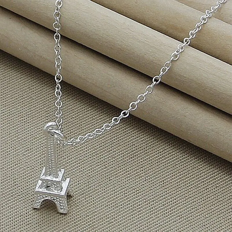 925 Sterling Silver Eiffel Tower Paris Pendant Necklace Chain Fashion Jewelry