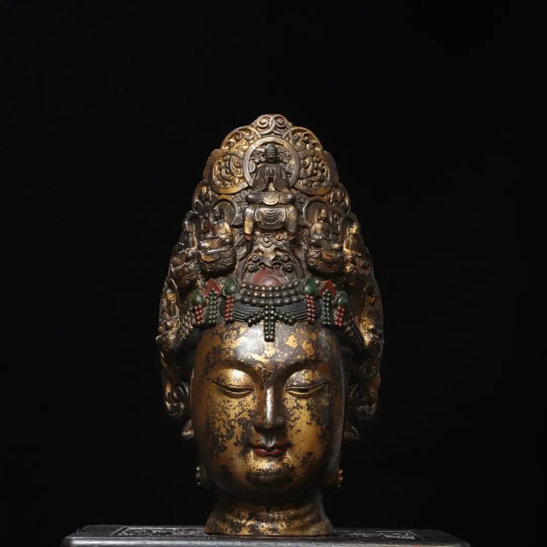 Guanyin Head Bust Brass Gold Washed Vintage Desktop Altar Decor Buddhist Statue Home Ornament