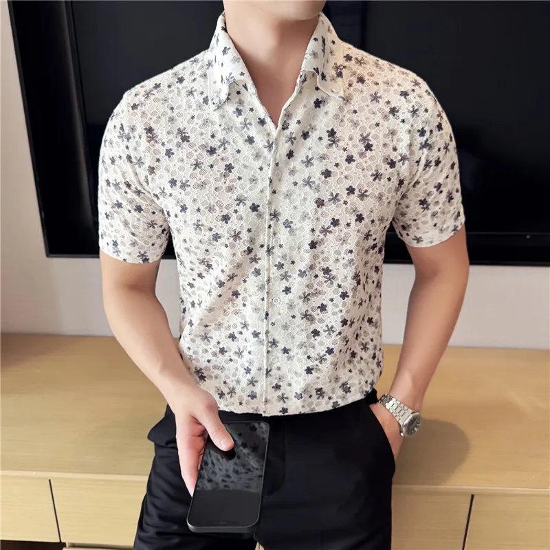 2025 Summer New Men's Short Sleeved Shirt High Quality Fashion V-neck Flower Printed Shirt Breathable Casual Shirt Size 4XL-M