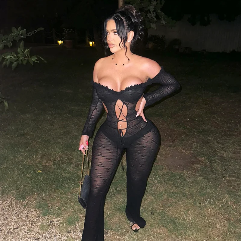 

Sexy Off the Shoulder Lace Jumpsuits for Woman Long Sleeve Hollow Out Backless Bodycon Romper Night Party Club Birthday Outfits