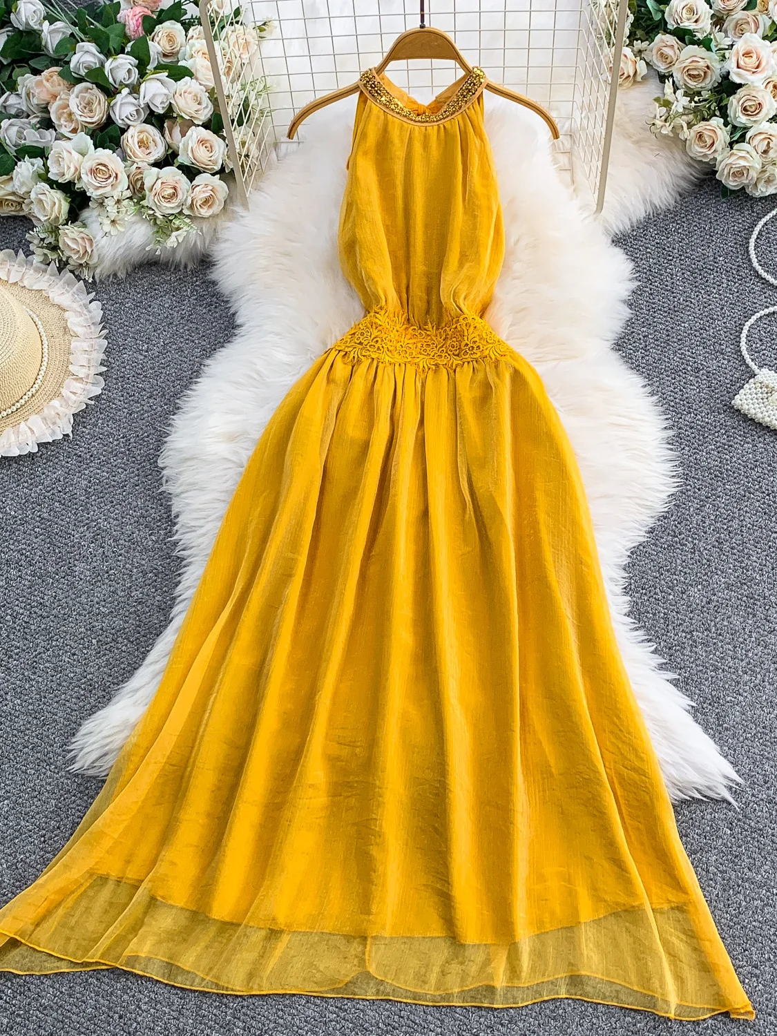 

Elegant Beaded Neckline Heavy Embellished Chiffon Long Dress Women's High Waist A-Line Skirt Breathable Skin-Friendly Summer ...