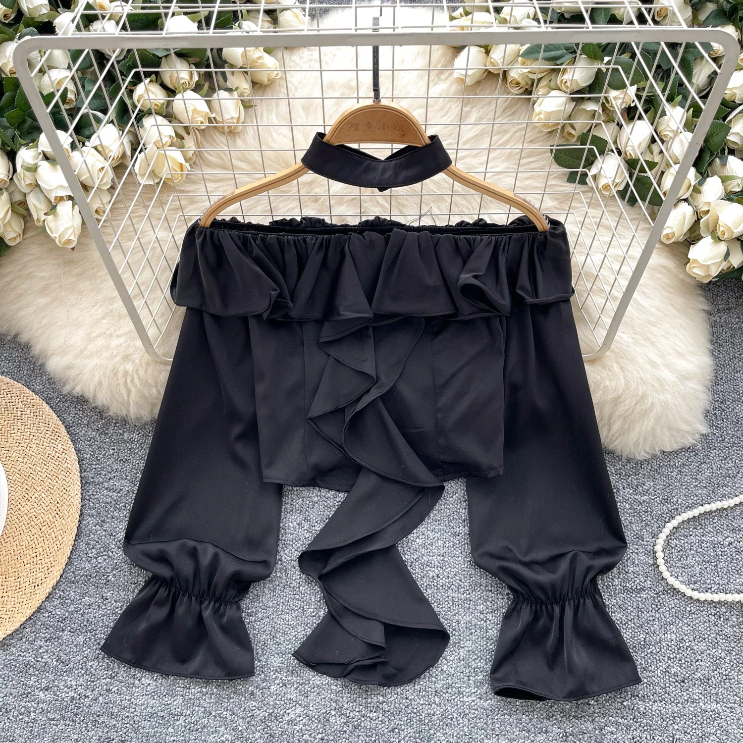 Chic Hotsweet Ruffle Casual Long Flare Sleeve Sexy Off Shoulder Streetwear High Street Women Vintage Spring Autumn Short Blouse