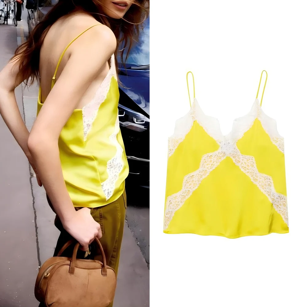 

Women's new fashion lace decoration lingerie style suspender top retro V-neck sleeveless women's vest chic top