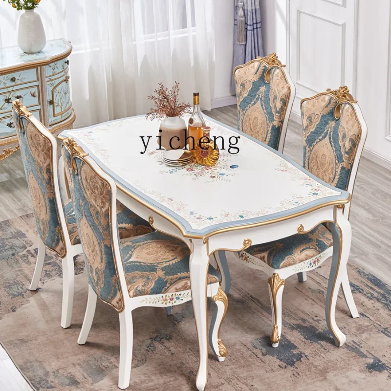 ZC Solid Wood Carved White Rectangular Dining Table Home Retro Hand Painted Dining Tables and Chairs Combination