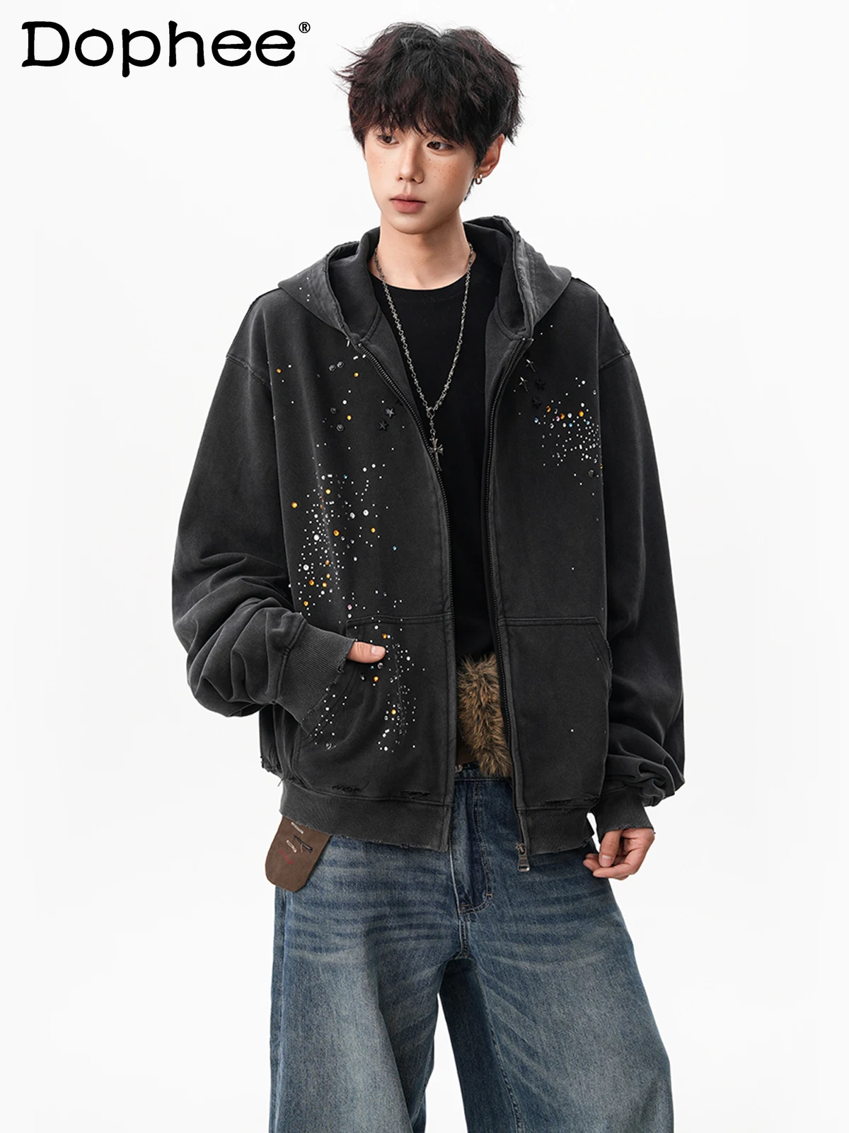 

American High Street Heavy Industry Hot Drilling Hooded Sweatshirt Unisex Autumn New Handsome Casual Loose Jacket Cardigan