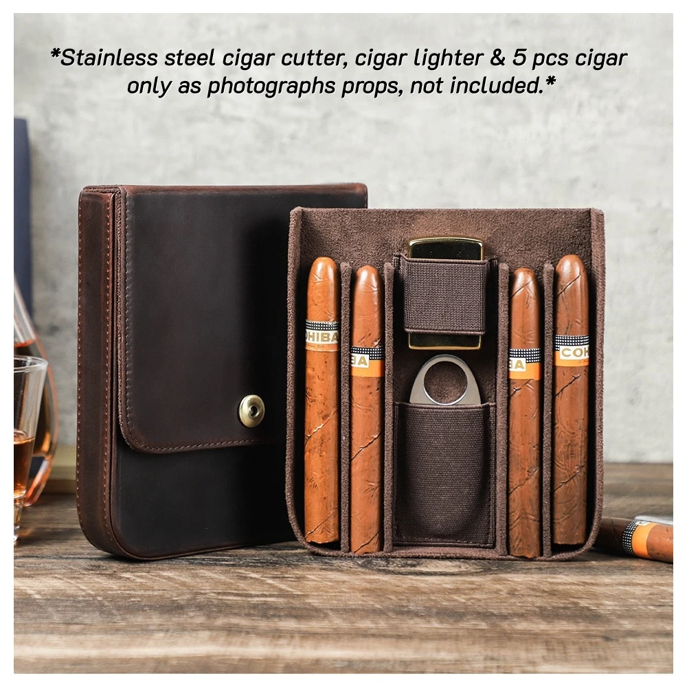 Full Grain Leather Cigar Case for 4 Cigars Travel Cigars Box with Cigar Cutter Slot & Lighter Slot Portable Cigar Storage Holder